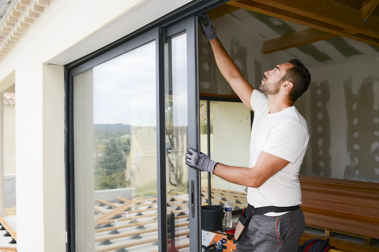 Handwerker beim Einbau einer Glas-Schiebetür